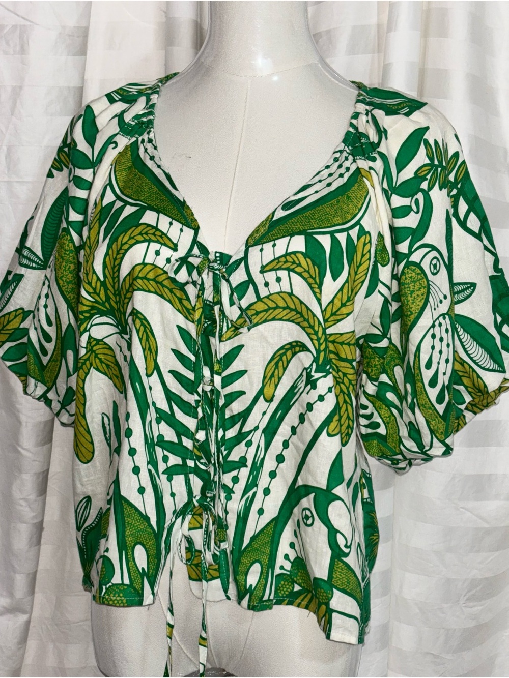 Rachel Zoe Tropical Puff Sleeve Tie-Front Blouse Green NWT Lg Cruise Linen